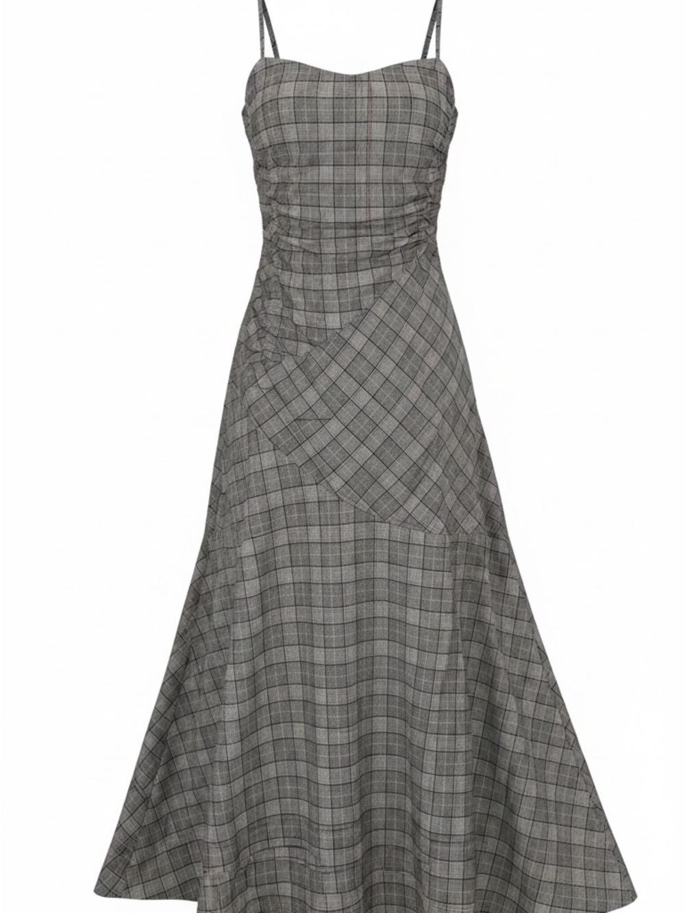 Ganni Gray Plaid Ruched Midi Dress